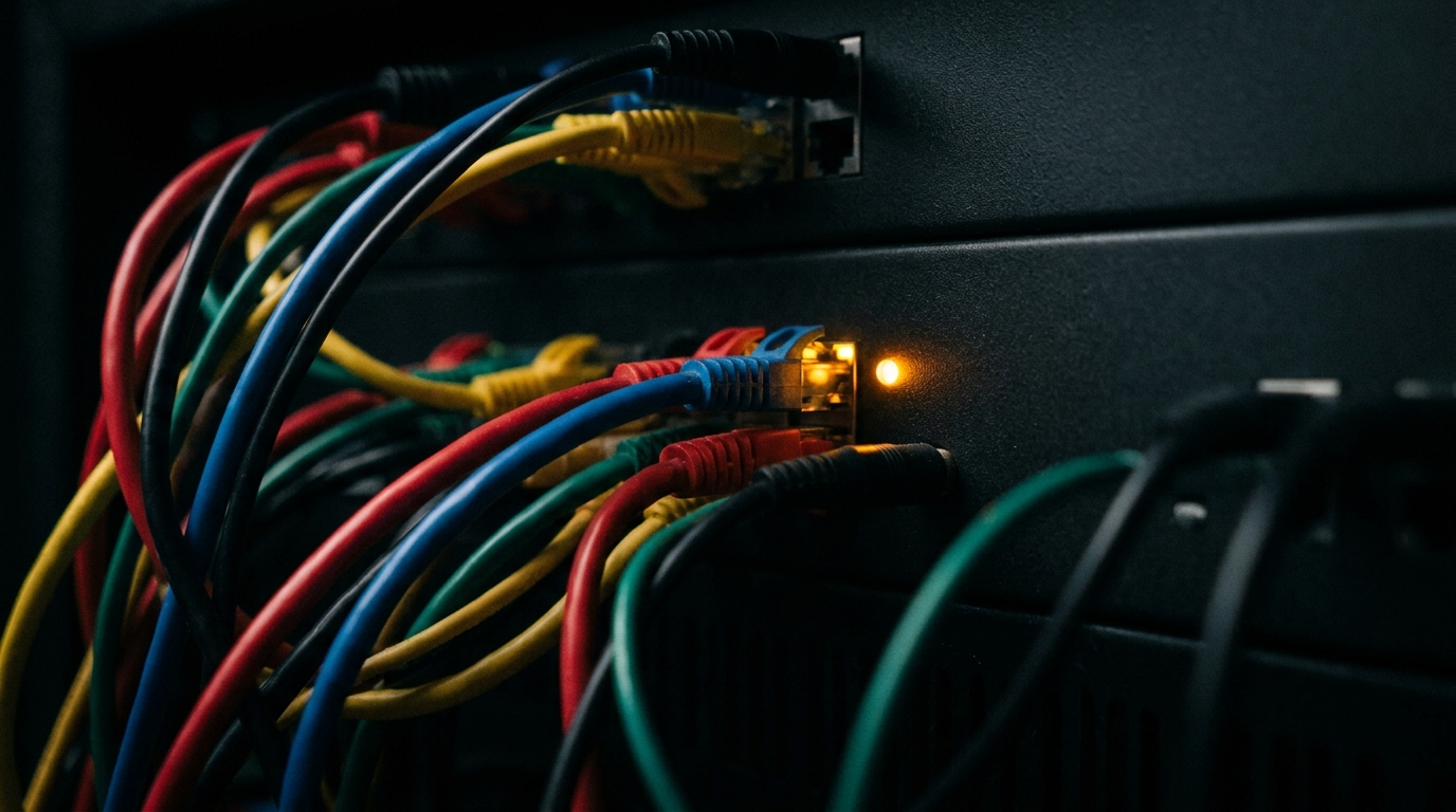 Tangled cables resolving into a single lit connection