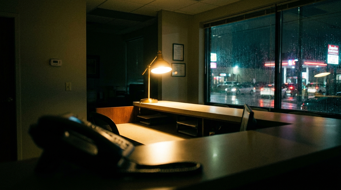 Reception desk after hours, one lamp still on