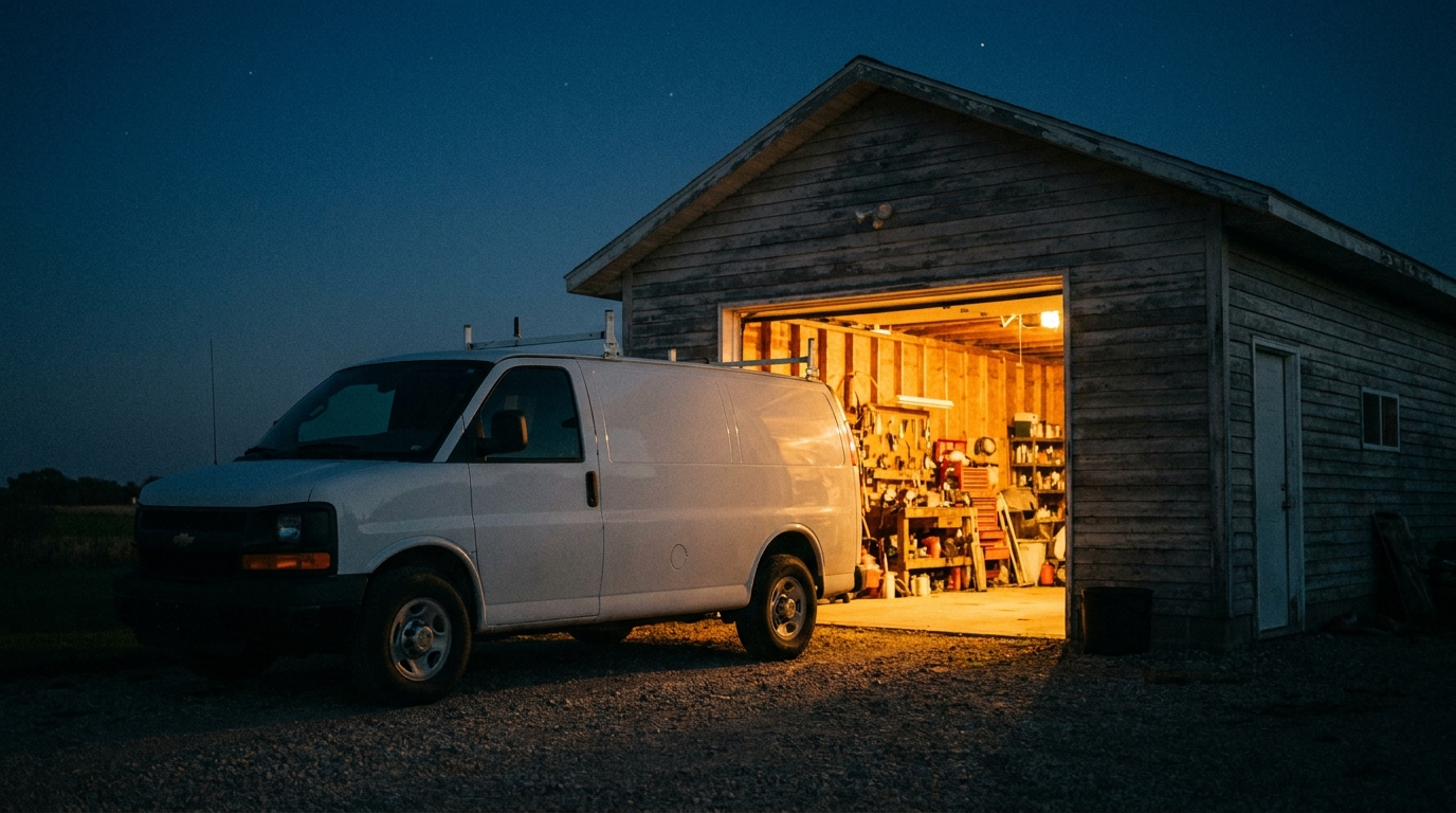 Service van outside a workshop at dusk